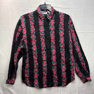 Vintage Suburban Rayon Black Floral Print Artsy‎ Button Down Blouse Small Goth